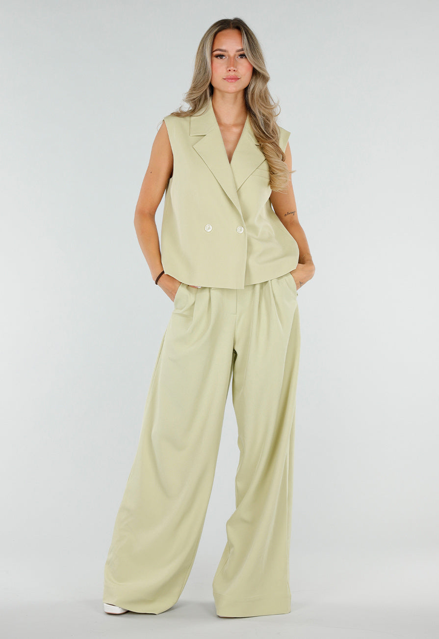 Pistache Groene Tall Wide Leg Broek met Plooien