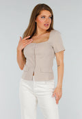Beige Cropped fit  Blazer Look Top met Binnen Voering en Knoopsluiting