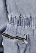 Blauwe Denim Stretch Off Schoulder Playsuit met Tailleband en Zakken met Ritssluiting