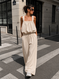 Beige Stretch Two Piece Set met Mouwloze Top en Wide Leg Broek