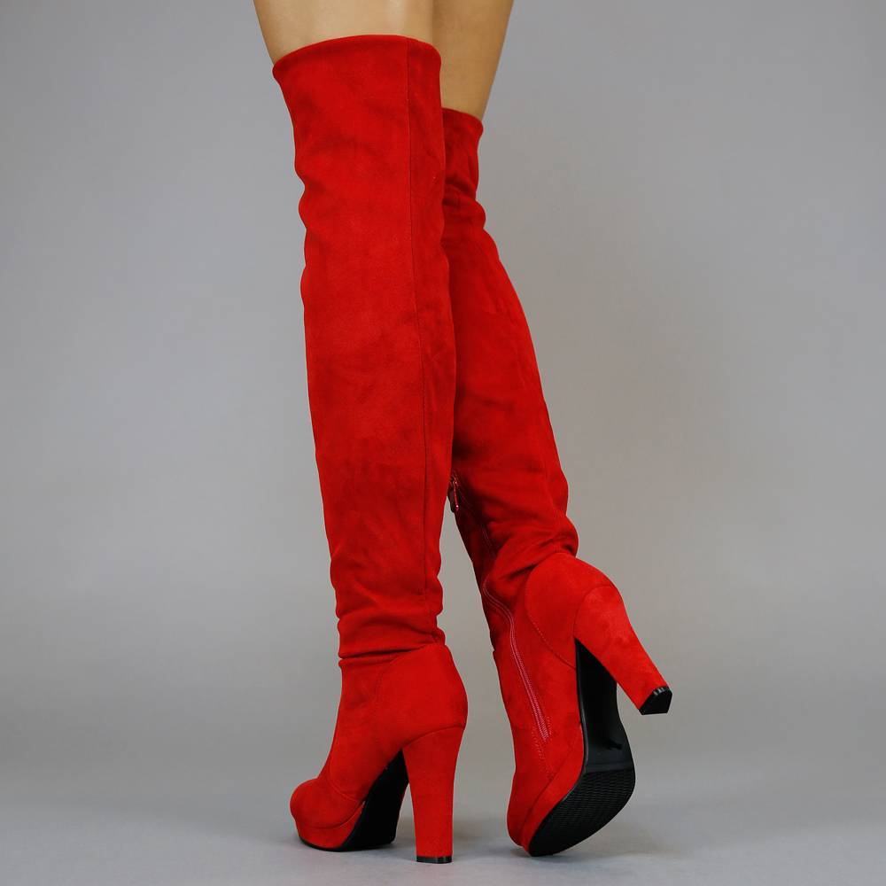 Suède-Look Overknee Laarzen met Hak Rood