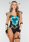 Trickster Goddess Party Kostuum in Groen Zwart en Goud