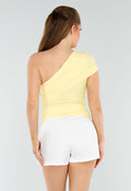 Butter Yellow One-Shoulder Top Met Plooien en Stretch