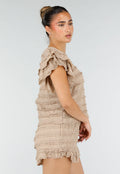 Beige Gehaakte Co-ord Set met Ruffle Mouwen