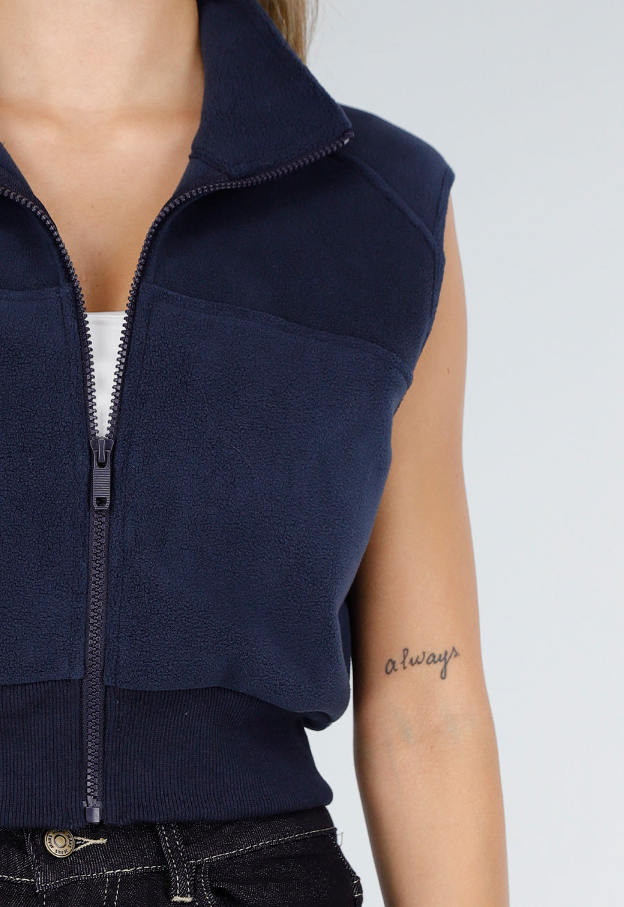 Mouwloos Vest in Donkerblauw met Hoge Kraag
