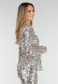 Zilveren Blouse met All Over Pailletten en Klassieke Kraag