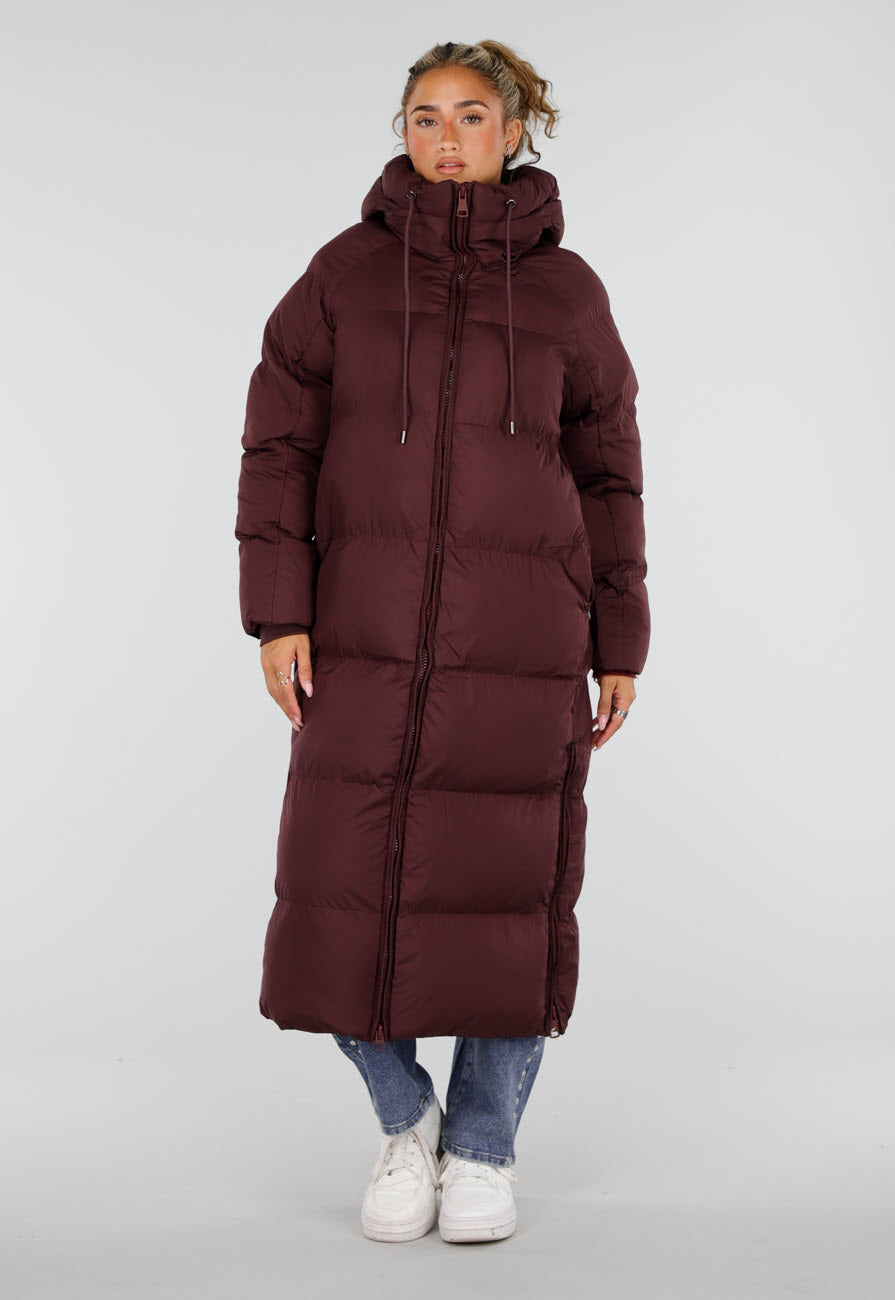 Burgundy Lange Gewatteerde Puffer Winterjas met Capuchon en Zakken