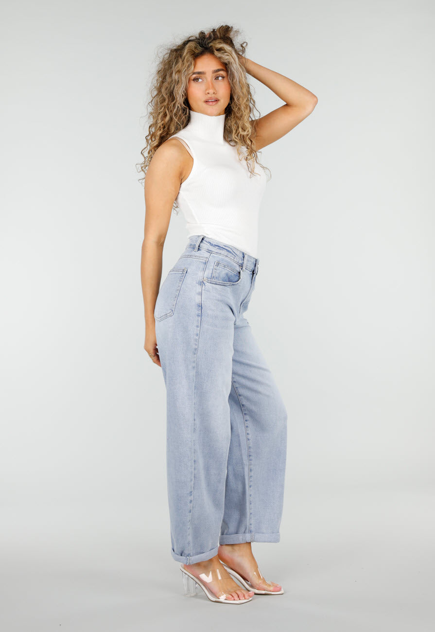 Lichtblauwe Barrel Jeans met Hoge Taille