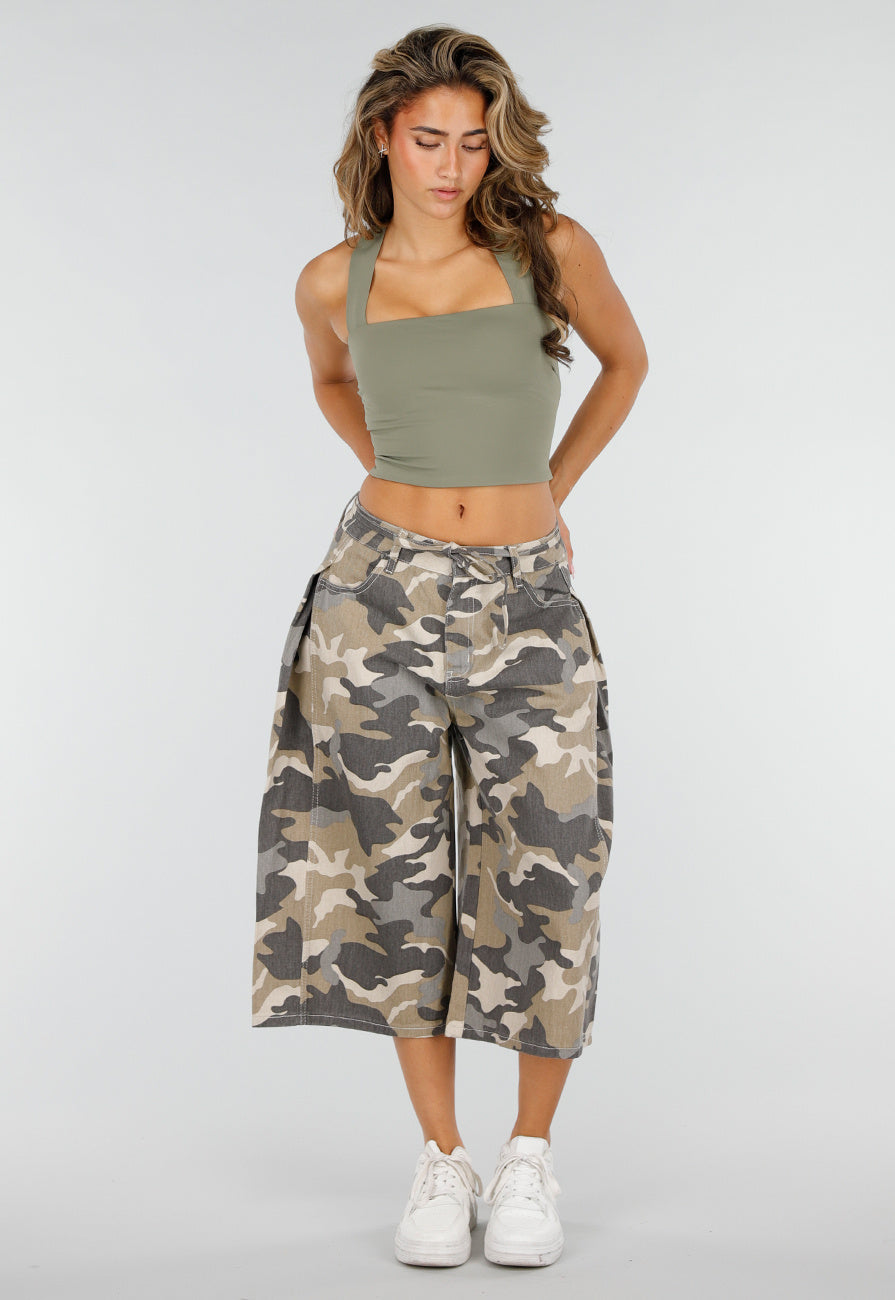 Beige Camouflage Culotte Broek met Lage Taille