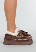 Bruine Instappers met Faux Fur en Witte Borduursels