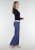 Donkerblauwe Longsleeve Top met V-Hals en Witte Boorden