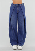 Blauwe Barrel Jeans met Drukknoopdetails en Verstelbare Plooien