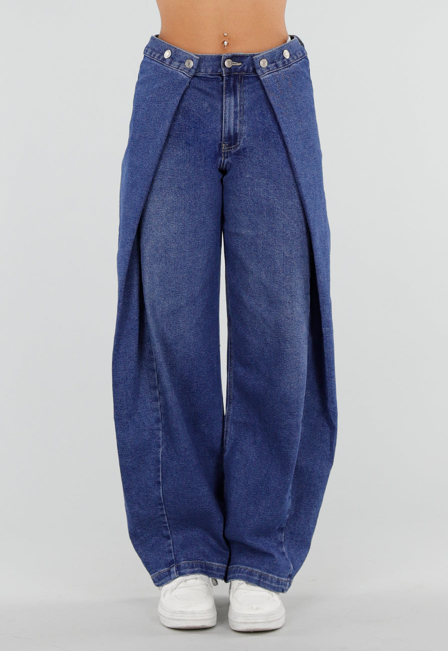 Blauwe Barrel Jeans met Drukknoopdetails en Verstelbare Plooien