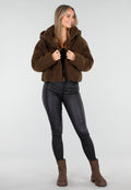 Bruine Teddy Puffer Jas met Hoge Kraag en Capuchon
