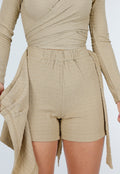 Beige Skort met Overslag en Strikdetail in Linnenlook Stof
