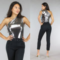 Zilveren Holografische Metallic One Shoulder Bodysuit