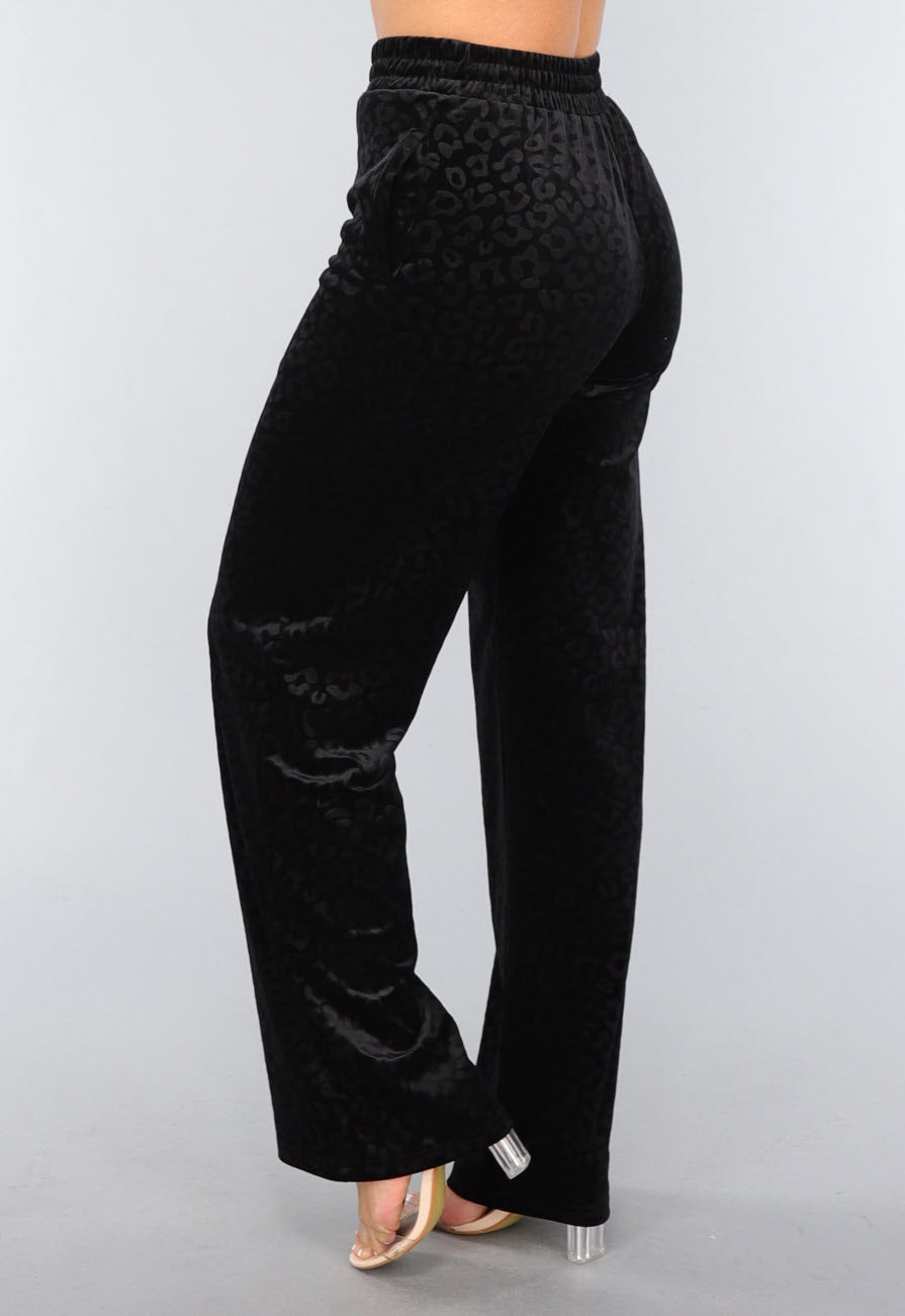 Zwarte Fluwelen Wide Leg Panterprint Broek
