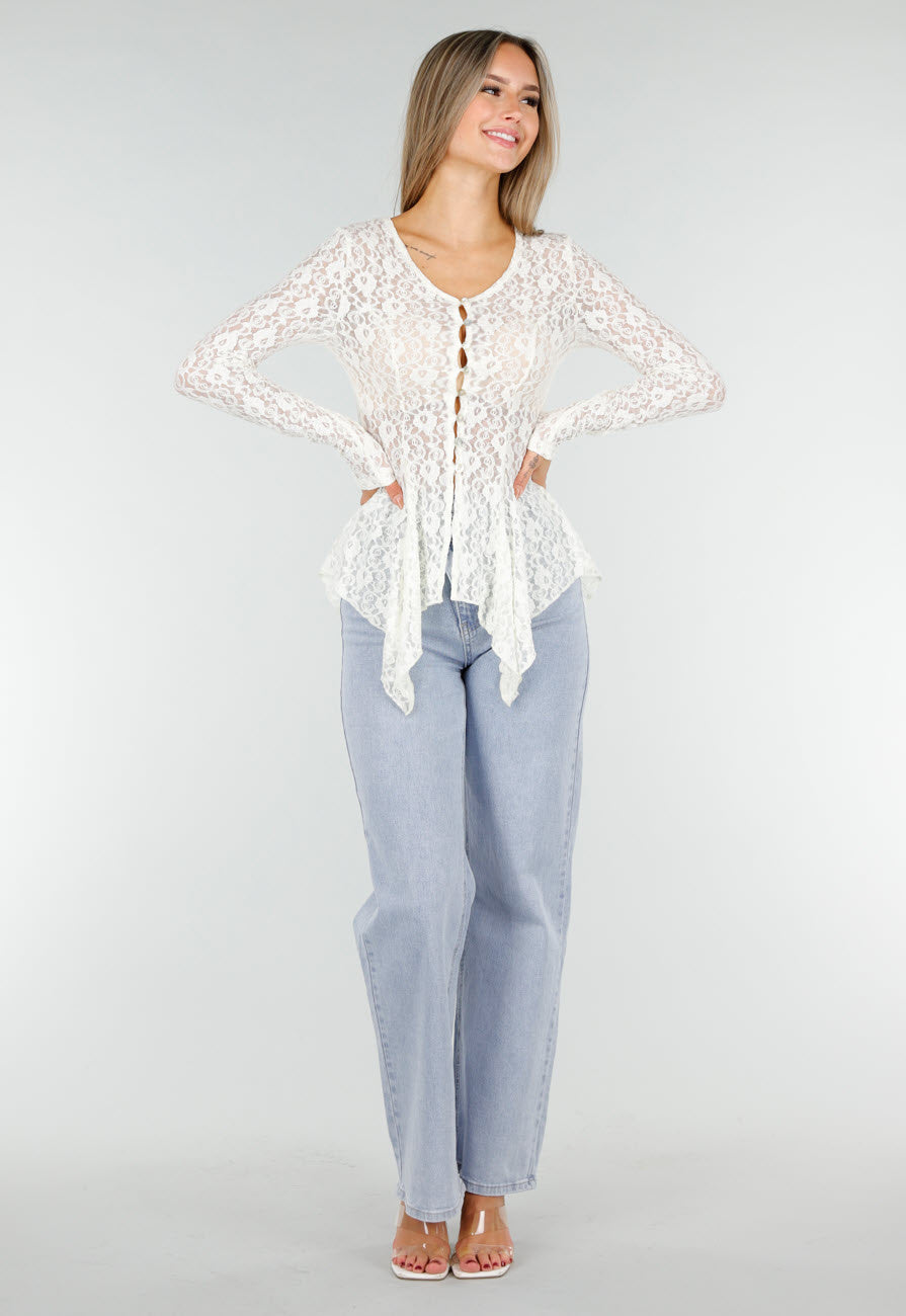 Witte Kanten Peplum Top met Knopen en Lange Mouwen