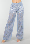 Lichtblauwe Wide Leg Jeans met See-Through Bloemenprint en Stretch