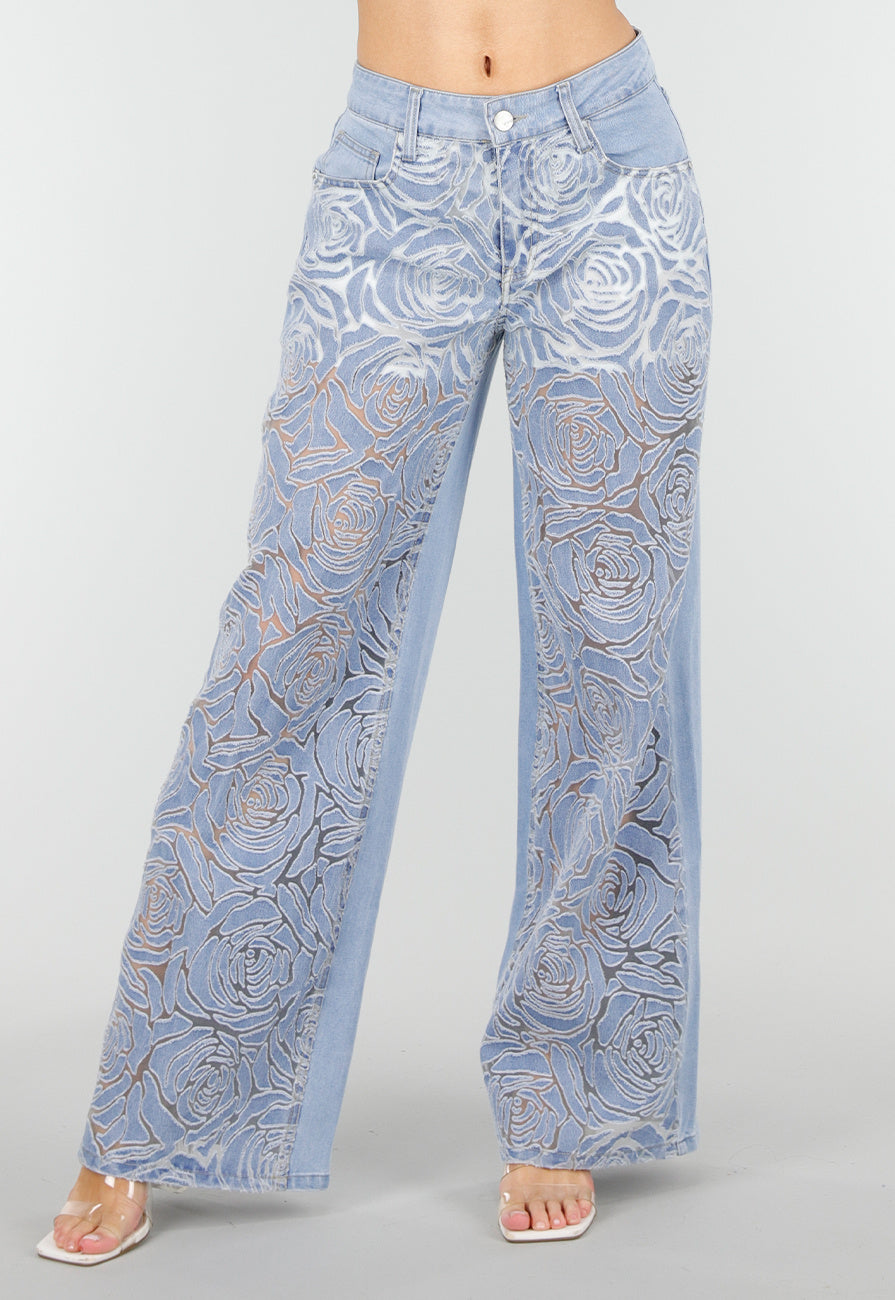 Lichtblauwe Wide Leg Jeans met See-Through Bloemenprint en Stretch