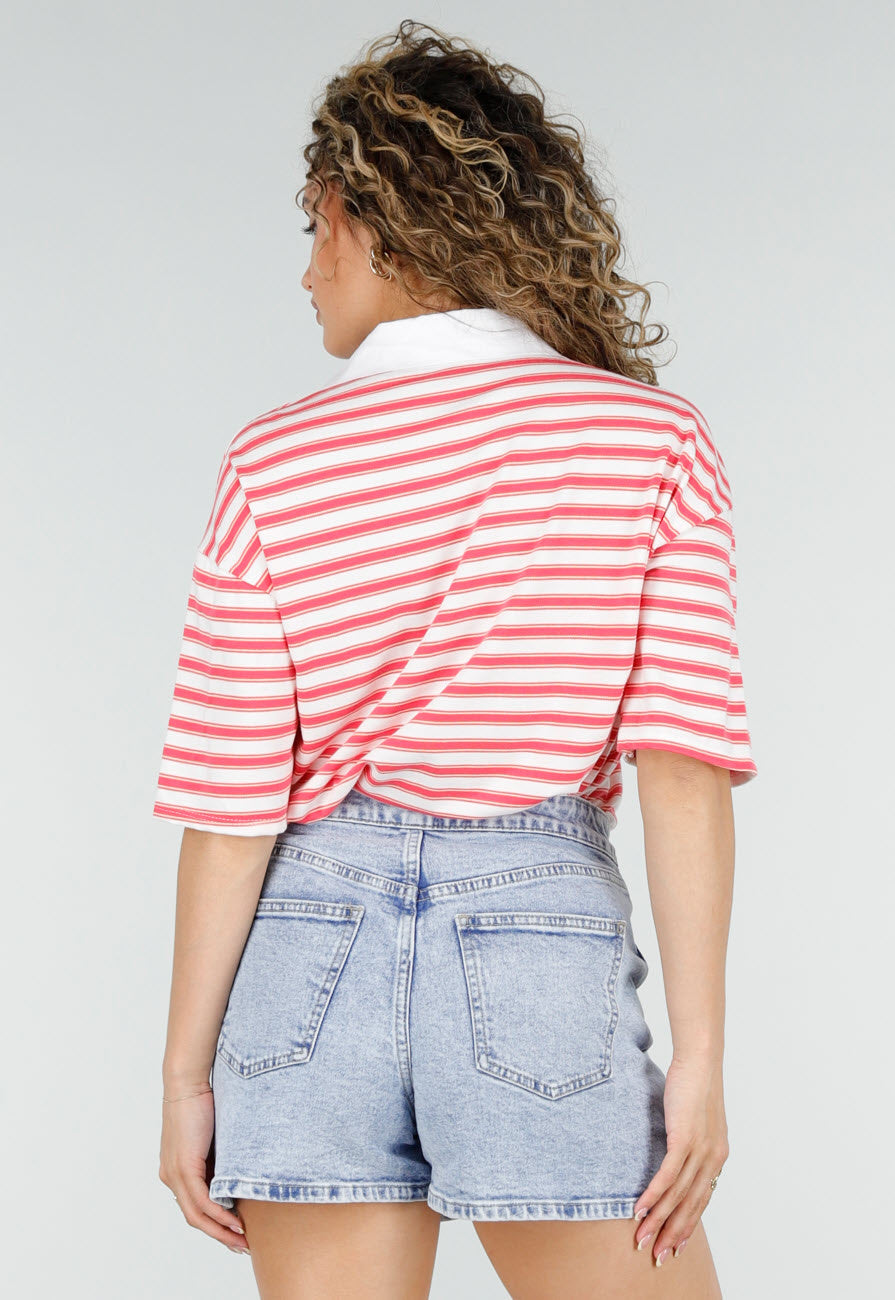 Roze Gestreepte Polo T-shirt met Kraag en Korte Mouwen
