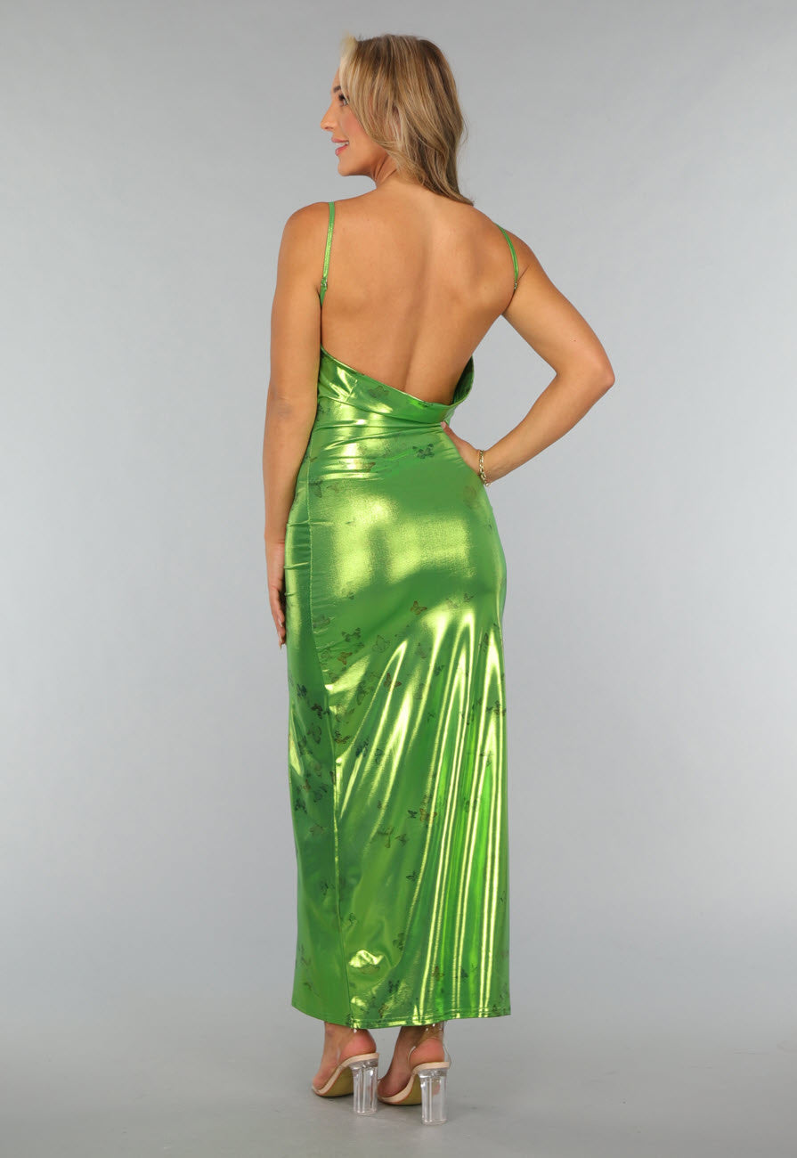 Metallic Groene Maxi Jurk met Vlinders