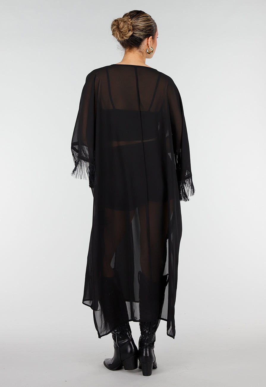 Zwarte Kimono met Halflange Mouwen en Franjes