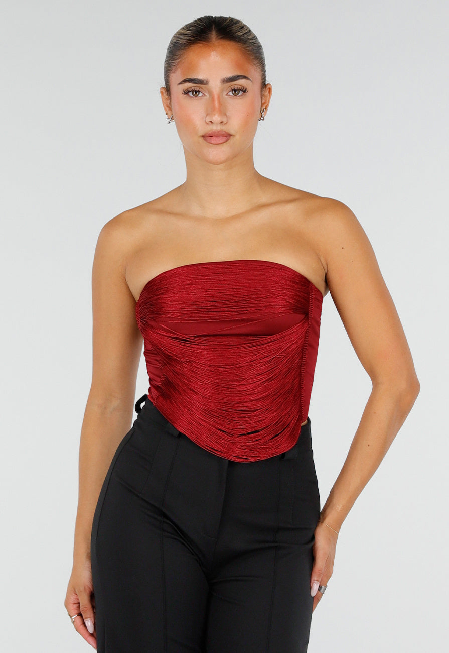 Bordeauxrode Strapless Fringe Top met Stretch
