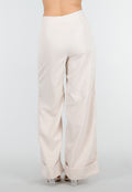 Beige Wide Leg Pantalon met Omslag en Steekzakken