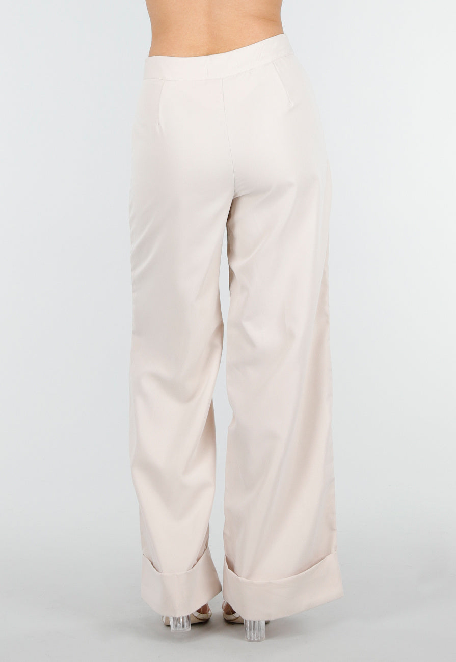 Beige Wide Leg Pantalon met Omslag en Steekzakken