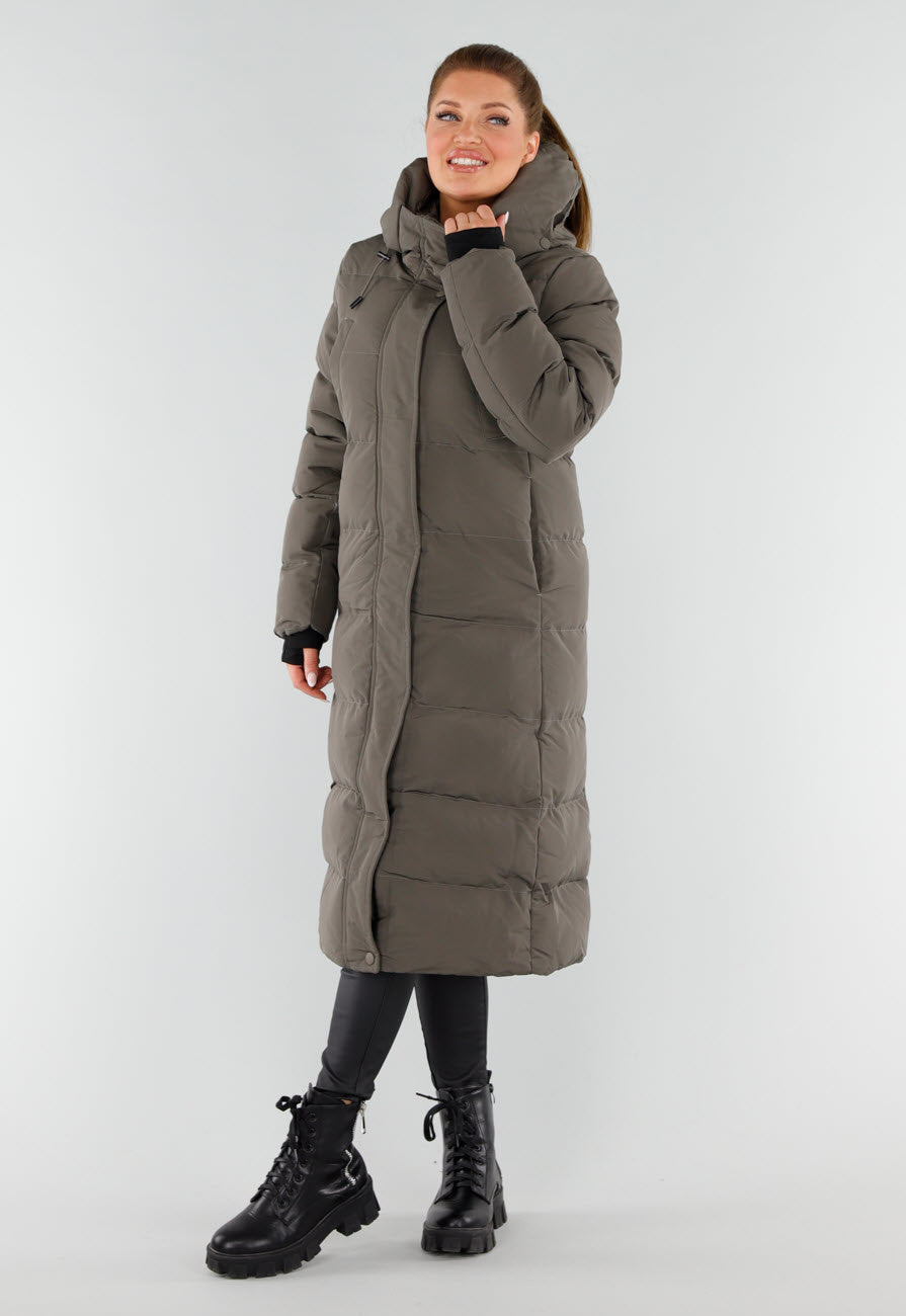 Khaki Lange Pufferjas met Capuchon en Hoge Kraag