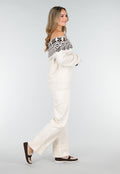 Crèmekleurige Off Shoulder Wollen Stretch Trui met Bruin Patroon