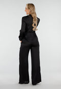 Zwarte Satijnlook Set Met Blouse en Wide Leg Broek