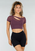 Paarse Mesh Crop Top met Korte Mouwen en Cut Out
