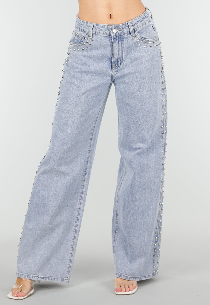 Lichtblauwe Denim Wide Leg Jeans met Studs en Mid Waist