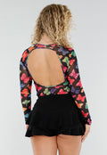 Zwarte Mesh Playsuit met Vlinderprint en Open Rug