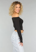 Zwarte Basic Longsleeve Off Shoulder Top met Duimgaten