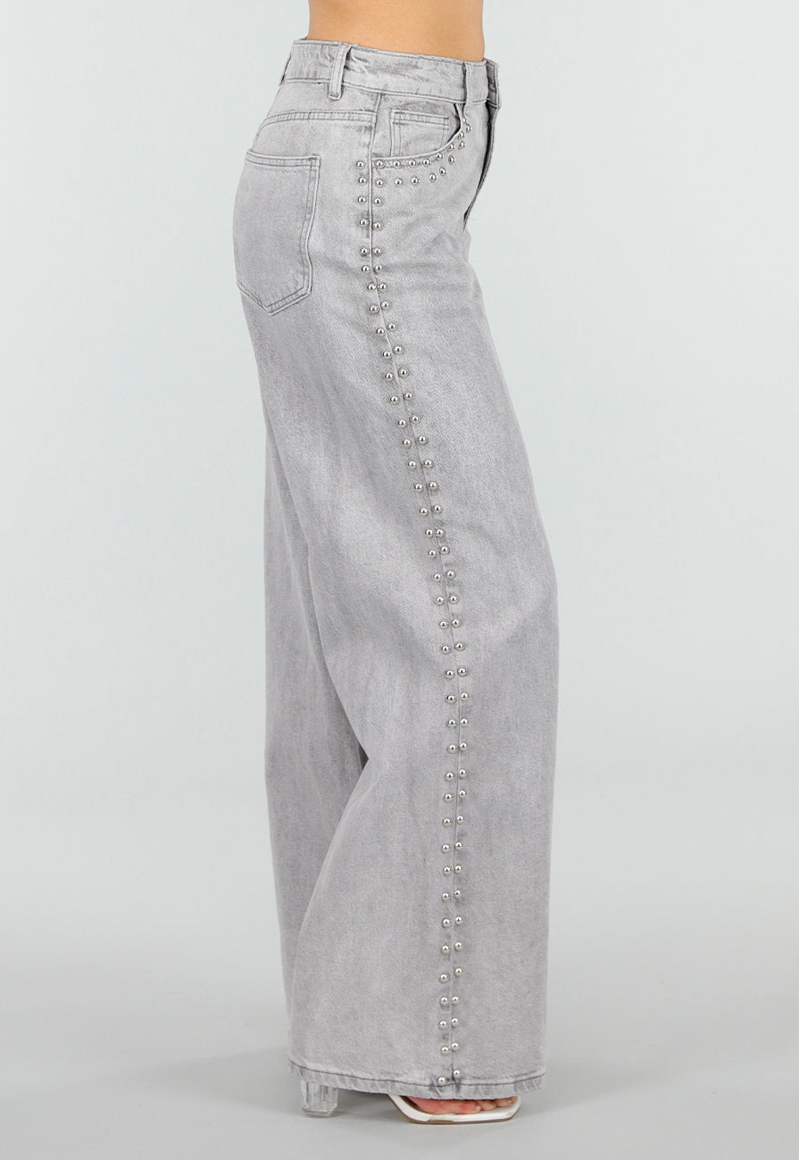Grijze Wide Leg Jeans met Stud Details en High Waist Pasvorm