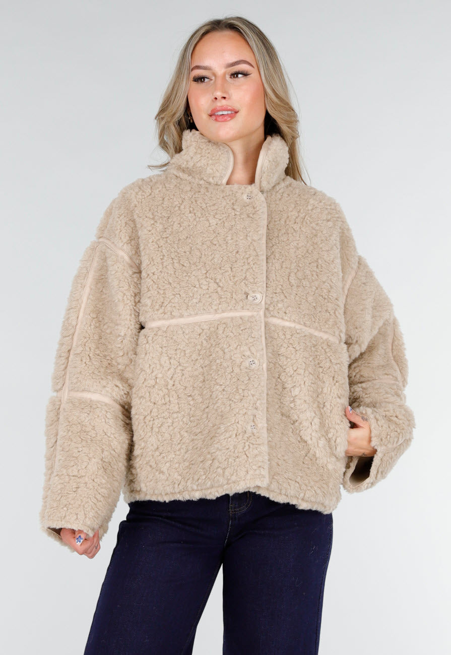 Beige Teddy Jas met Opstaande Kraag en Knoopsluiting