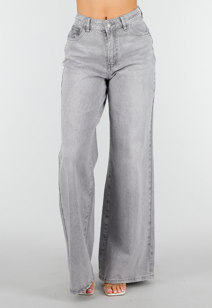 Grijze Extra Wide Leg Jeans met Hoge Taille en Rechte Pijpen