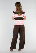 Gestreepte Gebreide Polo Top in Roze en Bruin