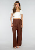 Petite High Waist Bruine Linnen Look Broek met Tailleband