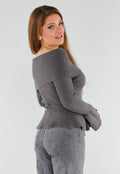 Grijze Off Shoulder Gebreide Trui met Uitlopende Mouwen