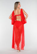 Rood Buikdanseres Kostuum met Gouden Accenten en Doorzichtige Rok