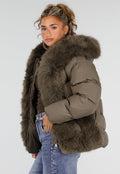 Khaki Korte Puffer Winterjas met Afneembare Bontkraag