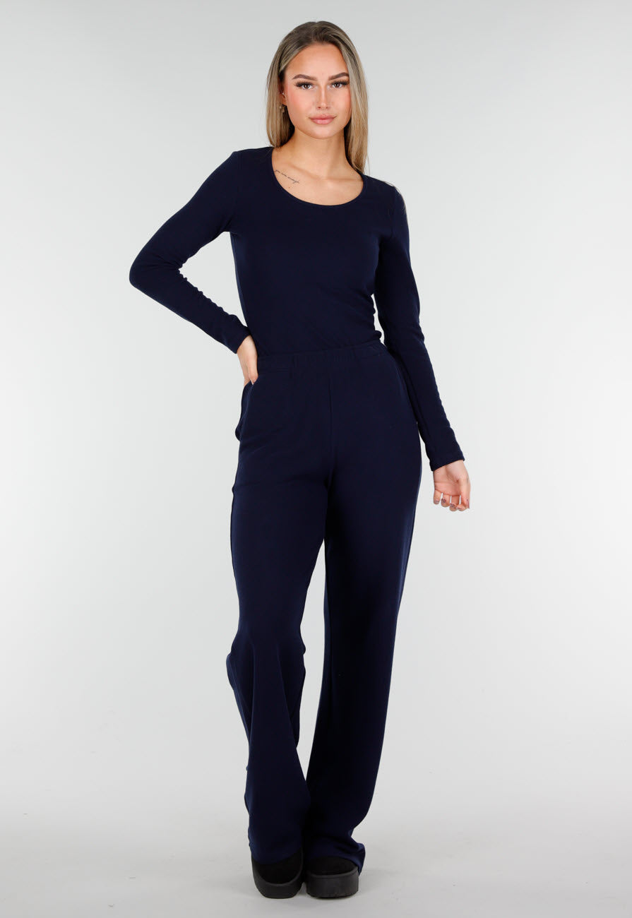 Donkerblauwe Zachte Stretch Top met Ronde Hals en Lange Mouwen