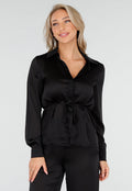 Zwarte Satijnlook Set Met Blouse en Wide Leg Broek