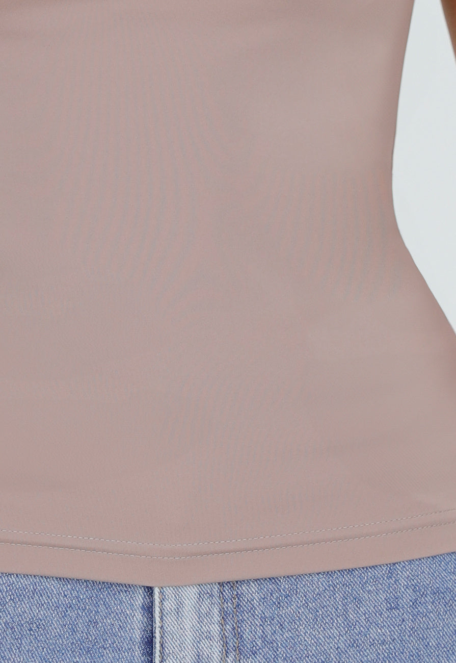 Taupe Basic T-Shirt met Korte Mouwen en Ronde Hals