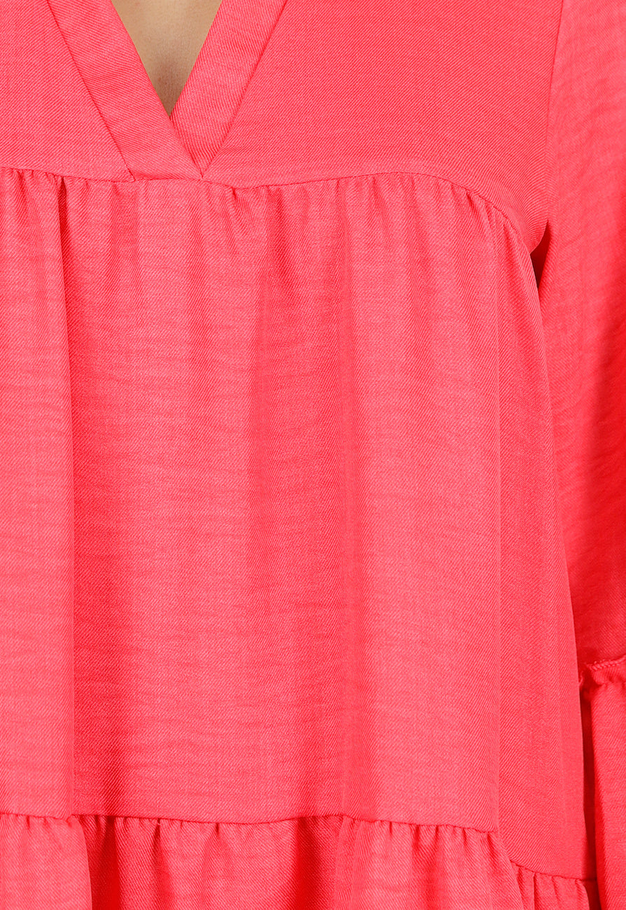 Roze Midi Jurk met V-hals en Ruffle Details