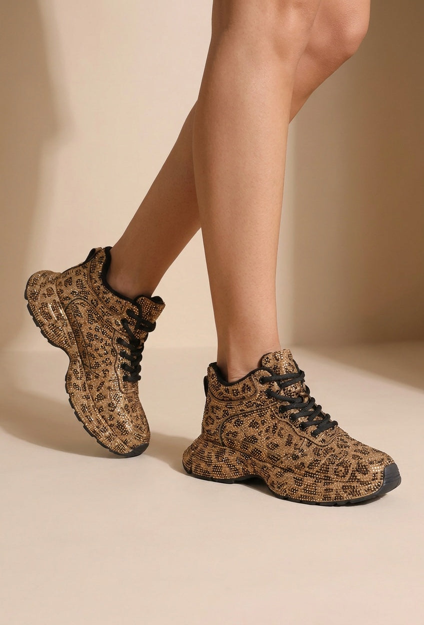 Luipaard Sneakers met Hoge Schacht en Veters